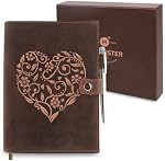 Carnet de notes en cuir rechargeable - Revues pour femmes avec forme de coeur embossé – Carnet de notes en cuir fait main avec support de stylo – Inclut les primes-millés A5 Papier doublé & Stylo de luxe par MOONSTER®