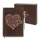 Cuaderno A5 de Cuero Genuino y Bloc de Notas Recargable – Libreta con Grabado de Corazón en Relieve – Diario Personal Hecho a Mano con Portalápices – Papel de Primera Calidad – Lujoso Bolígrafo