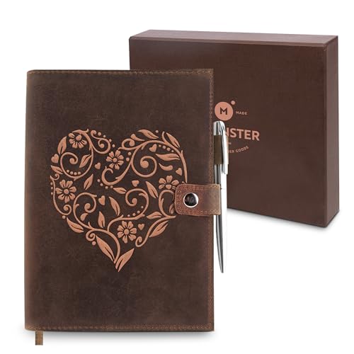 moonster Refillable Leather Journal Embossed Heart Shape Cover Design Journals with Pen – Milled A5 Leather Journal Lined Paper - Journals for Women – Vintage Journal - 320 Pages