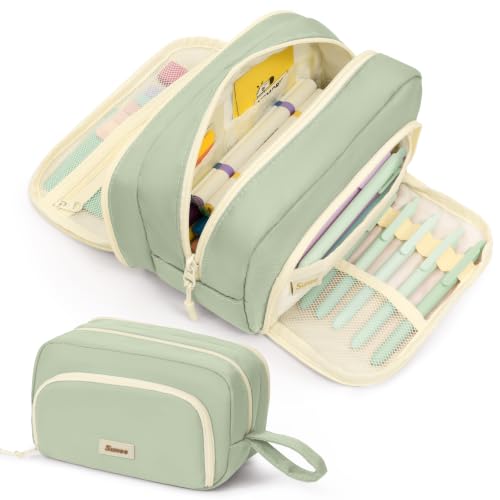 Image of SUNEE Cute Pencil Case, Aesthetic Pen Pouch with 3 Compartments, Kawaii Colored Large Pencil Bag with Zipper, Stationery Storage and Organizer, Green School Supplies for Teen and Adult Girls