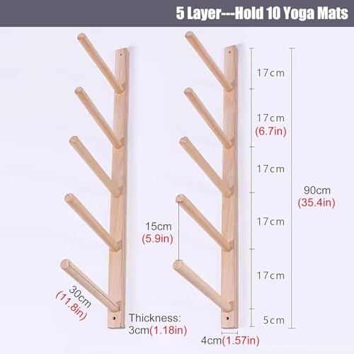 Soporte de madera para guardar esterillas de yoga y pesas con 5 niveles de pared 5