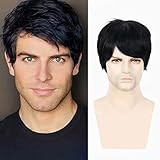 Creamily Mens Short Black Wigs Human Hair Mens Wigs Straight Layered Natural Brazilian Pixie Wigs Human Hair Full Wigs
