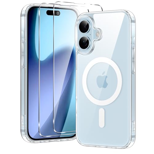 Xiltlly Funda Magnética para iPhone 17 con 2 Cristal Templado, Compatible con MagSafe, Carcasa Antigolpes Anti-Arañazos, TPU Bumper Case para iPhone 17, Transparente