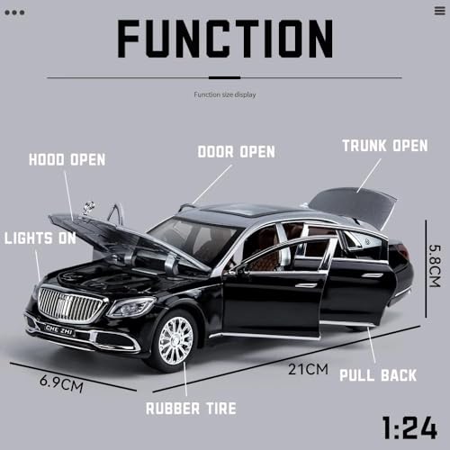 Image of 1:24 Scale Big Mercedes Maybach S600 Toy Car | Metal Pullback Diecast Car for Kids with Openable Doors, Sound, Light Effects Toy for Car Enthusiasts (Color As Per Available),black