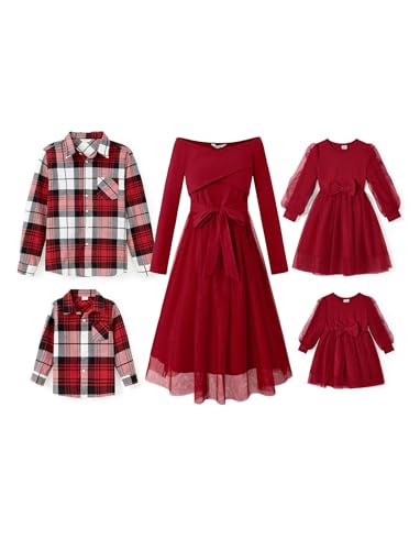 PATPAT Abito per la Famiglia - Maglia + Vestito Principessa, Outfit Mamma-Figlia, papà-Figlio, Abito Lungo per Mamma e Camicia per papà, per fotoshooting, Viaggi, Feste,Matrimoni - Autunno/Inverno