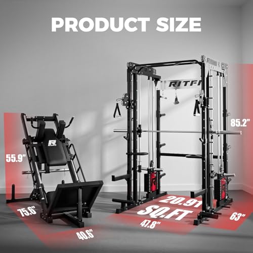 Image of RitFit M1 Pro Smith Machine Package, All-in-One Power Cage with Weight Stack Set, Includes LAT Pulldown & Cable Crossover System for Home Gym