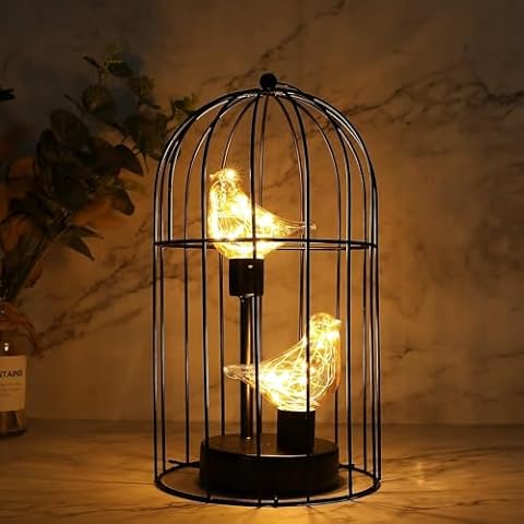 JHY DESIGN Birdcage Table Lamp with Fairy Lights Cover