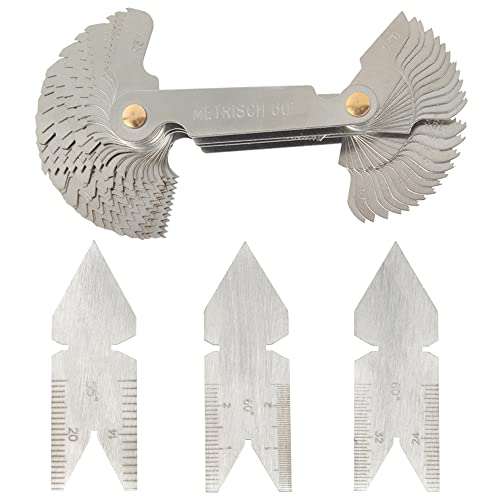 Mesee Outil de Mesure Jauge de Filetage en Acier Inoxydable, 1pcs Jauge filetée à Pas de Vis avec 58 Lames Métrique & Impérial & Américain + 2pcs 60° & 1pcs 55° Jauges Centrale Gage Inox