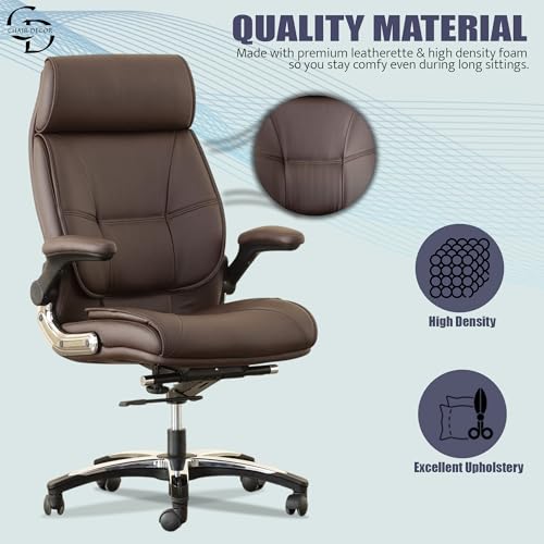 Image of Premium Leatherette Office Chair | Ergonomic High-Back Executive Chair for Home, Office, Study & Gaming | Height Adjustable Boss Chair with Sturdy Chrome Base | 1 Piece (Brown)