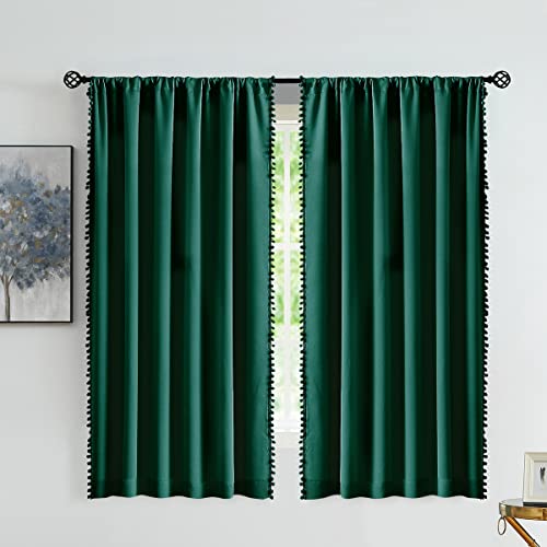 Image of Treatmentex Pompom Green Full Blackout Curtains for Bedroom Living Room 63 inch Thermal Insulated Window Curtain Panels for Christmas Decor 52 inch w x2 Panels Rod Pocket
