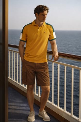 Image of Louis Philippe Men's Slim Fit Premium High-End Pique in Superior Cotton Cut & Sew Design Color Block Shoulder Half Sleeve Polo Tshirt