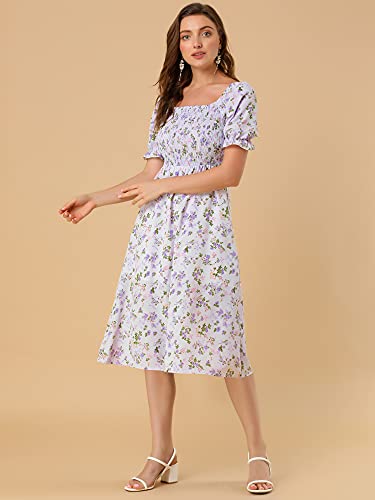 Image of Allegra K Women's Cottagecore Floral Dress Puff Sleeves Smocked Midi Dresses