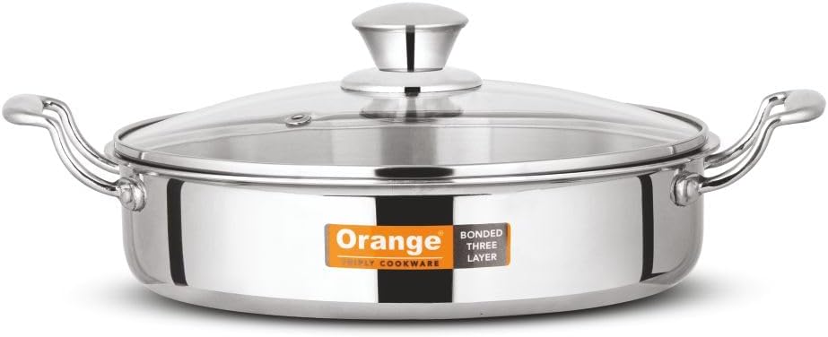 Orange Stainless Steel Triply Cook & Serve Fry Pan/Saute Pan/Kadai/Flat Pan 2.0 Litre Capacity with Glass lid with Cool Touch Handles| 2.5mm Thickness, 22cm Diameter | Induction cooktop Friendly