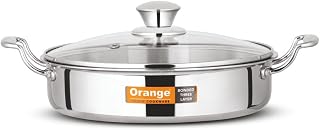 Orange Stainless Steel Triply Cook & Serve Fry Pan/Saute Pan/Kadai/Flat Pan 2.0 Litre Capacity with Glass lid with Cool Touch Handles 2.5mm Thickness, 22cm Diameter Induction cooktop Friendly