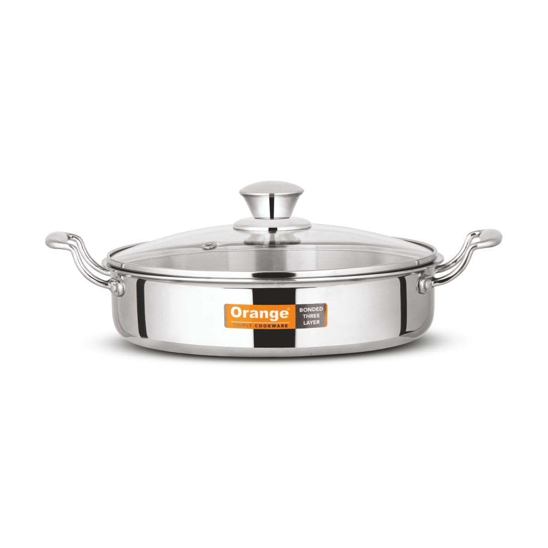 Orange Stainless Steel Triply Cook & Serve Fry Pan/Saute Pan/Kadai/Flat Pan 2.0 Litre Capacity with Glass lid with Cool Touch Handles| 2.5mm Thickness, 22cm Diameter | Induction cooktop Friendly