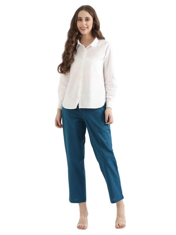 Image of SAADAA Women's Airy Linen Straight Pants | Regular Fit Trousers | Half Elasticated with Drawstrings & Buttons | 4 Pockets | Everyday & Office Wear