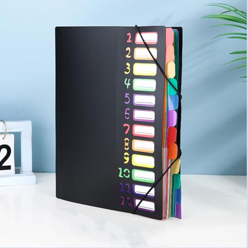 Folder do segregatorów A4, folder na dokumenty PP rozszerzany, segregator dokumentów z 12 przegródkami, okładka A4 z indeksami do szkoły, biura i domu (czarny)
