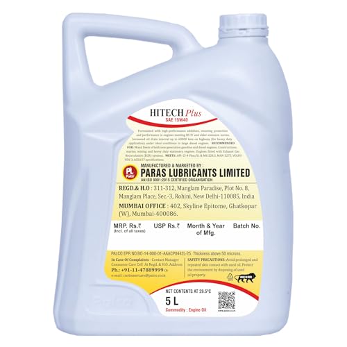 Image of PALCO Hitech Plus 15W40 Diesel Engine Oil 5 Litre (Pack of 2) for Heavy Duty Cars, Commercial Vehicles & Turbocharged Diesel Engines, EGR Compatible