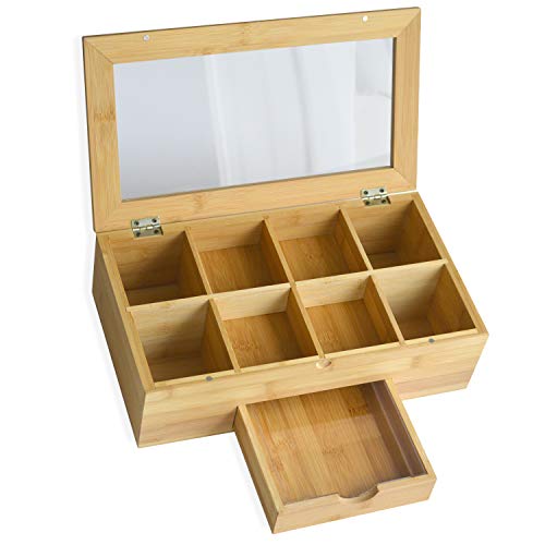 Zen Earth Bamboo Storage Box Tea Chest with Drawer and Clear Lid Window
