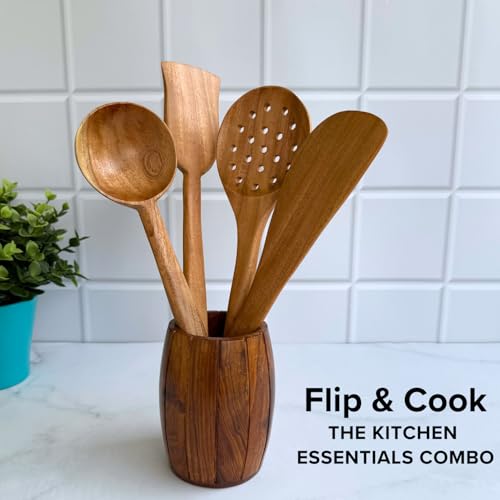 Image of FiABLE Pure Neem Wood Spatula Set for Cooking, Frying & Serving | No Polish | Naturally Antimicrobial & Non Stick - Flip & Cook Set of 4