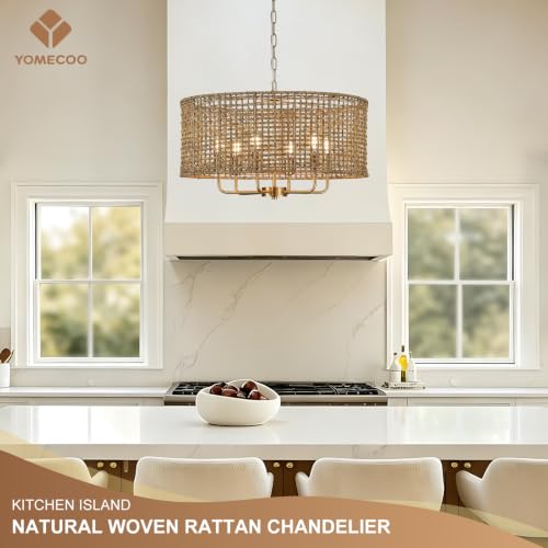 Image of 23.6 inch Large Rattan Chandelier, 6-Light Gold Wicker Light Fixture