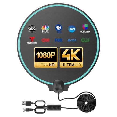 RTKJEQQ Indoor TV Antenna for Smart TV, 2026 Upgraded 1200 Miles Digital Antenna with 360° Signal Reception, Built-in Signal Amplifier for 4K Ultra HD & 1080P, 16ft Coaxial Cable, Easy Installation