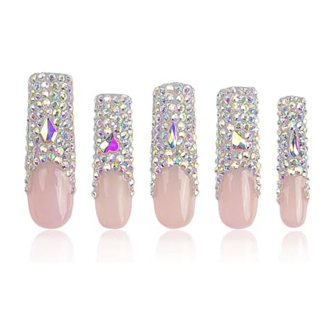 LOVFUL Press on Nails Angel's Tear Rhinestone | Handmade with Full Covered Crystals | Reusable Fake Nails | Square Mid length 1.7in | H48-M Cover