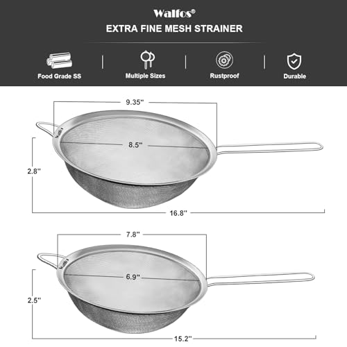 Walfos Large Fine Mesh Strainer 9.35" & 7.8", Stainless Steel Mesh Sieve with Sturdy Handle, Kitchen Metal Food Strainers for Quinoa, Rice, Pasta, Fruits, Vegetables, etc., Set of 2