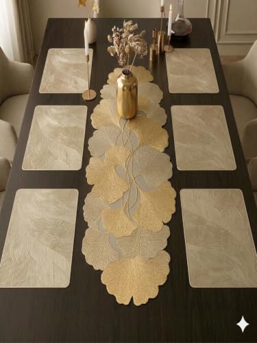 Image of Dakshya Industries PVC Waterproof Table Placemat & Table Runner Combo Set | 6 Dining Table Mats + 1 Runner | Heat Resistant, Washable, Non-Slip Table Mat Set (Urban Dining)