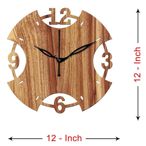 Image of SKYVILLA 12 Inch Wooden MDF Round Analog Wall Clock with English Numerals | Silent Quartz Movement | Lightweight Without Glass Design (Beige)