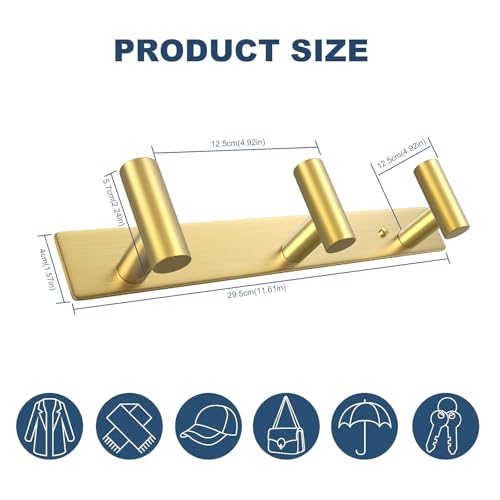 Image of VAEHOLD Hat and Coat Wall Mount Rack - Hooks for Robes, Bags, Keys, and Towels - Bathroom Towel Hanger Organizer (Gold, inchT inch Shape 3 Hooks 1 Pack)