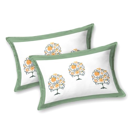 Image of BLOCKS OF INDIA Hand Block Printed 200 TC Cotton King Size Bedsheet (Green Tree of Life)