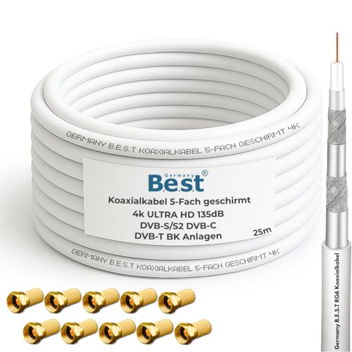 Germany B.e.s.t Koaxialkabel 25m SAT-Kabel | 4K Ultra HD | Class A+ | DVB-S/S2 DVB-C DVB-T BK Anlagen | 5Fach Geschirmt | 135dB | Antennenkabel | Koaxkabel | 10x F-Stecker