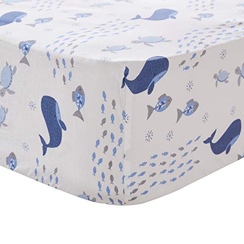 Image of Levtex Baby - Boho Bay Sealife Crib Fitted Sheet - Fits Standard Crib and Toddler Mattress - Tossed Whale, Fish, Turtles - Navy, Blue, Grey, White - Nursery Accessories - 100% Cotton