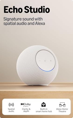 Image of Amazon Echo Studio (newest model), Alexa speaker with immersive spatial audio and Dolby Atmos, hands-free smart home management, Bluetooth, Glacier White