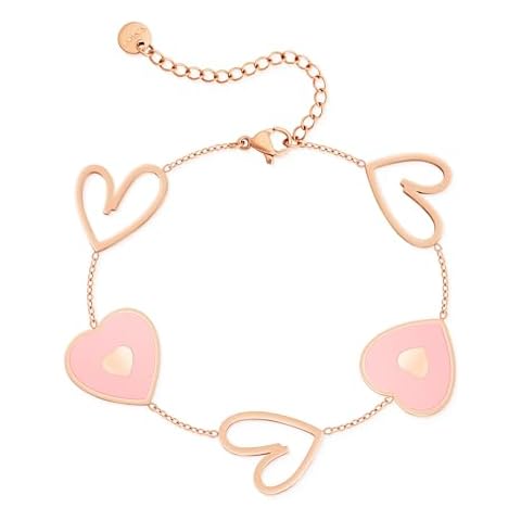 Linawe Pink Love Heart Charm Bracelet for Women, Rose Gold Stainless Steel Cute Bracelet, Adjustable Chain Bracelets, Preppy Jewelry, Gift for Her Valentines Day Anniversary Cover