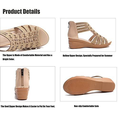 Women's Roman Wedge Hollow Sandals with Zipper Back,Rhinestone Gladiator Open Toe High Heel Dress Sandals Bootie2