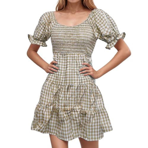 2025 New Women's Plaid High Waist A Line Dress with Square Neck and Short Sleeves Mock Neck Midi Dresses for (Beige, L)