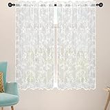 2 Pcs White Sheer Tier Curtains 45 Inches Long Lace Rod Pocket Small Window Curtains Vintage Floral