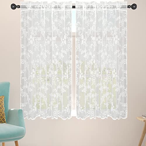 2 Pcs White Sheer Tier Curtains 45 Inches Long Lace Rod Pocket Small Window Curtains Vintage Floral Kitchen Bathroom Decorative Curtains #TOP4