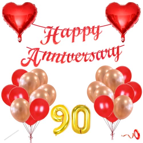 Image of Flyloons 90th Happy Anniversary Decoration Items Red Rose Gold for Men Women Husband Wife Mom Dad Parent Couple Home Bedroom Car With 20 Pcs Metallic Balloons Anniversary Banner 2 Pcs Heart Set Kit