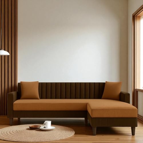 Image of FURNY Grovila Fabric 4 Seater Convertiable L Shape Sofa Set 3 Seater Modern Sofa Set & Ottoman for Living Room (Brown-Camel) with Velvet Fabric | Durable Comfort | Modern Design |