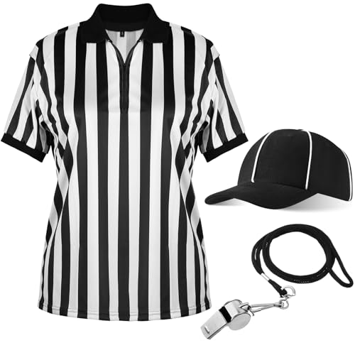 Geyoga 4 Pcs Men's Official Referee Costume Set Black and White Stripe Referee Shirt Hat Whistle Lanyard for Carnival(XL)