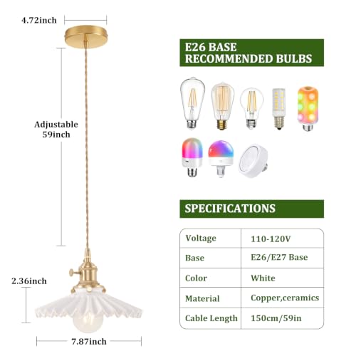 Image of Shenmoyl Pendant Light with White Pleated Ceramic Lmapshade, Brass Vintage Pendant Light Adjustable Hanging Light for Kitchen Island Dining Room Hallway