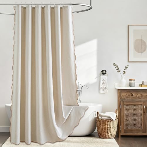 Aesthaboho Beige Scalloped Extra Long Shower Curtain Linen Textured with 12 Metal Hooks Cute Heavy Duty Washable Waterproof Neutral Thick Cloth Shower Curtains for Bathroom Hotel Bathtub W72xL84