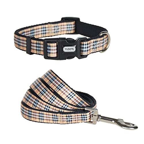 YUDOTE Begie Hundehalsband- und Leine, Nylon, kariert, britischer Stil, weich, stark, passendes Set für kleine Rassen, tägliches Spazierengehen