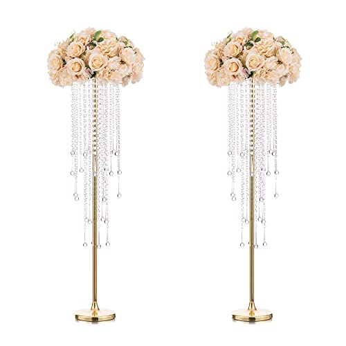 Jarrones Altos Centros de Mesa Boda - 2 Piezas Florero Dorado con Candelabro Cristal Decoraciones de Mesa Inweder 100cm Alto Soporte de Flores Metal para Boda Recepción Fiesta Eventos Hogar Cover