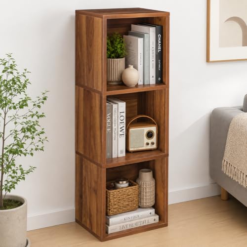 Image of 3 Cube Storage Organizer Wooden Bookshelf, 3 Cube Shelf Bookcase, Small Bookshelf Storage Organizer, 3 Cube Storage Shelf for Bedroom, Small Bookshelf for Living Room and Office (Brown, 3)