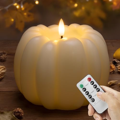 Image of Fall Flameless Candles with Remote, Real Wax Pumpkin Shaped Candle | Flickering Ivory Battery Operated Candles, Remote Included, For Autumn, Harvest, Thanksgiving, Halloween, Home, Party Decor