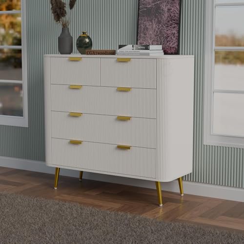 Image of Wooden Chest of Drawers | 5 Drawers Dresser Console Cabinet for Bedroom, Living Room, Drawing Room and Office | Storage Sideboard|HDMR Premium Wood & Iron(Warm White)